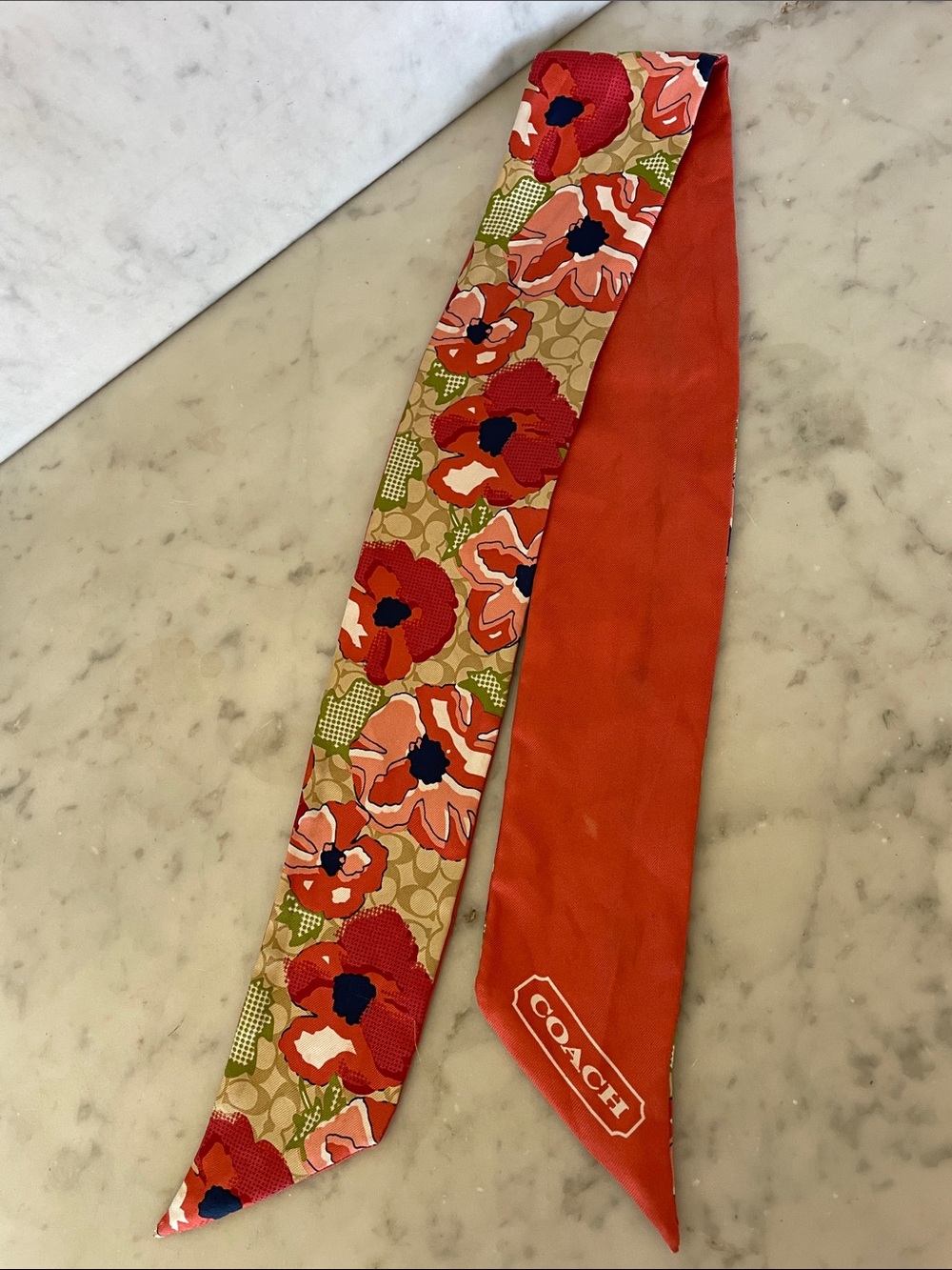 COACH Orange Floral Silk Twilly Skinny Scarf with White Monogram Logo - Picture 2 of 15